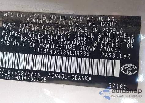 2008 Toyota Camry Le from USA, damaged, VIN 4T4BE46K18R038336